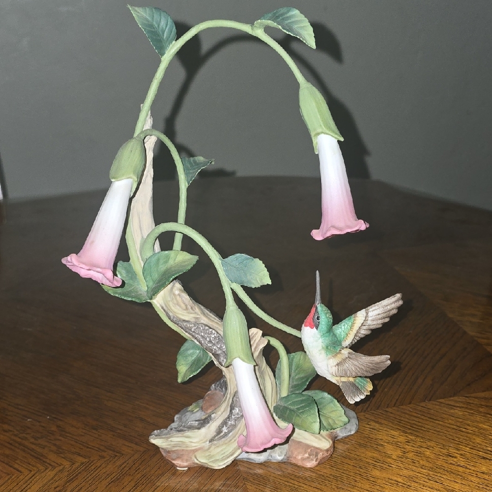 Home Interiors Pink and Green Floral Hummingbird Figurine